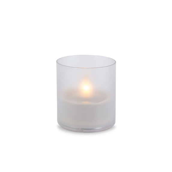 LED 4.25"D X 4.48"H Outdoor Candle in Frosted Glass. Next Gen LED Flame Patented Technology w/ Adjustable Brightness & Remote Control. 2 C Batteries (Not Included). Multi Timer Function, 4, 6 & 8 hr