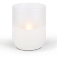 thumbnail image 1 of LED 4.72"D X 6"H Hand-Poured Wax Candle In Frosted Glass. Next Gen LED Flame Patented Technology w/ Adjustable Brightness Control. 2 C Batteries (Not Included). Multi Timer Function, 4, 6 & 8 hour., 1 of 2