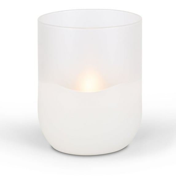 LED 4.72"D X 6"H Hand-Poured Wax Candle In Frosted Glass. Next Gen LED Flame Patented Technology w/ Adjustable Brightness Control. 2 C Batteries (Not Included). Multi Timer Function, 4, 6 & 8 hour.