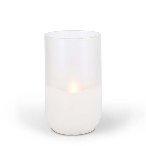 LED 4.72"D X 8"H Hand-Poured Wax Candle In Frosted Glass. Next Gen LED Flame Patented Technology w/ Adjustable Brightness Control. 2 C Batteries (Not Included). Multi Timer Function, 4, 6 & 8 hour.