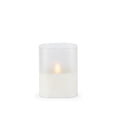 thumbnail image 1 of LED 4"L X 4"W X 5"H Hand-Poured Wax Candle In Frosted Glass. Next Gen LED Flame Patented Technology w/ Adjustable Brightness Control. 2 C Batteries (Not Included). Multi Timer Function, 4, 6 & 8 hour., 1 of 3