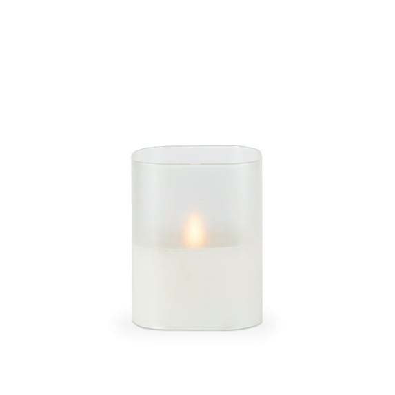 LED 4"L X 4"W X 5"H Hand-Poured Wax Candle In Frosted Glass. Next Gen LED Flame Patented Technology w/ Adjustable Brightness Control. 2 C Batteries (Not Included). Multi Timer Function, 4, 6 & 8 hour.