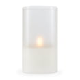 thumbnail image 1 of LED 4"L X 4"W X 7"H Hand-Poured Wax Candle In Frosted Glass. Next Gen LED Flame Patented Technology w/ Adjustable Brightness Control. 2 C Batteries (Not Included). Multi Timer Function, 4, 6 & 8 hour., 1 of 3