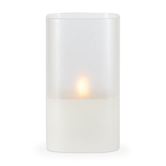 LED 4"L X 4"W X 7"H Hand-Poured Wax Candle In Frosted Glass. Next Gen LED Flame Patented Technology w/ Adjustable Brightness Control. 2 C Batteries (Not Included). Multi Timer Function, 4, 6 & 8 hour.