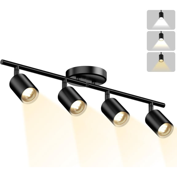 LED 4 Light Track Lighting Kit, 3 Color Adjustable Ceiling Spot Includes x GU10 Bulb, Modern Fixture with Rotatable Heads for Kitchen, Living Room, Bedroom