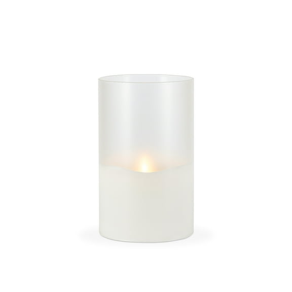 LED 5"D X 8"H Hand-Poured Wax Candle In Frosted Glass. Next Gen LED Flame Patented Technology w/ Adjustable Brightness Control. 2 C Batteries (Not Included). Multi Timer Function, 4, 6 & 8 hour.