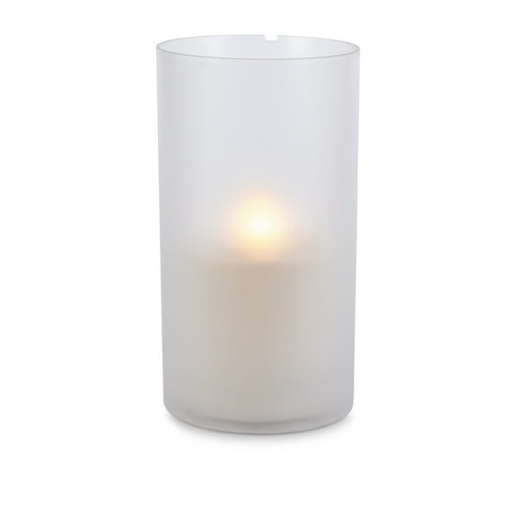 LED 5"D X 9"H Outdoor Candle in Frosted Glass. Next Gen LED Flame Patented Technology w/ Adjustable Brightness & Remote Control. 2 C Batteries (Not Included). Multi Timer Function, 4, 6 & 8 hr