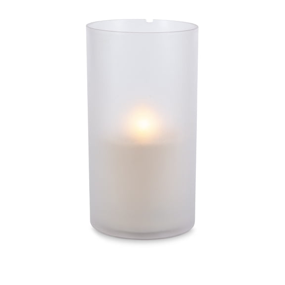 LED 5"D X 9"H Outdoor Candle in Frosted Glass. Next Gen LED Flame Patented Technology w/ Adjustable Brightness & Remote Control. 2 C Batteries (Not Included). Multi Timer Function, 4, 6 & 8 hr