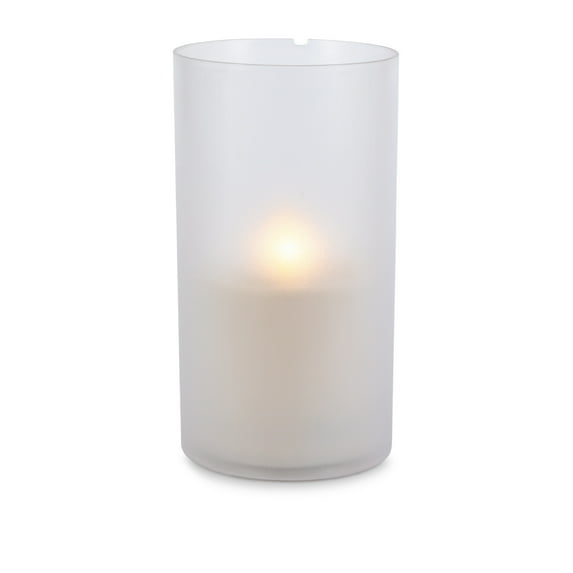 LED 5"D X 9"H Outdoor Candle in Frosted Glass. Next Gen LED Flame Patented Technology w/ Adjustable Brightness & Remote Control. 2 C Batteries (Not Included). Multi Timer Function, 4, 6 & 8 hr