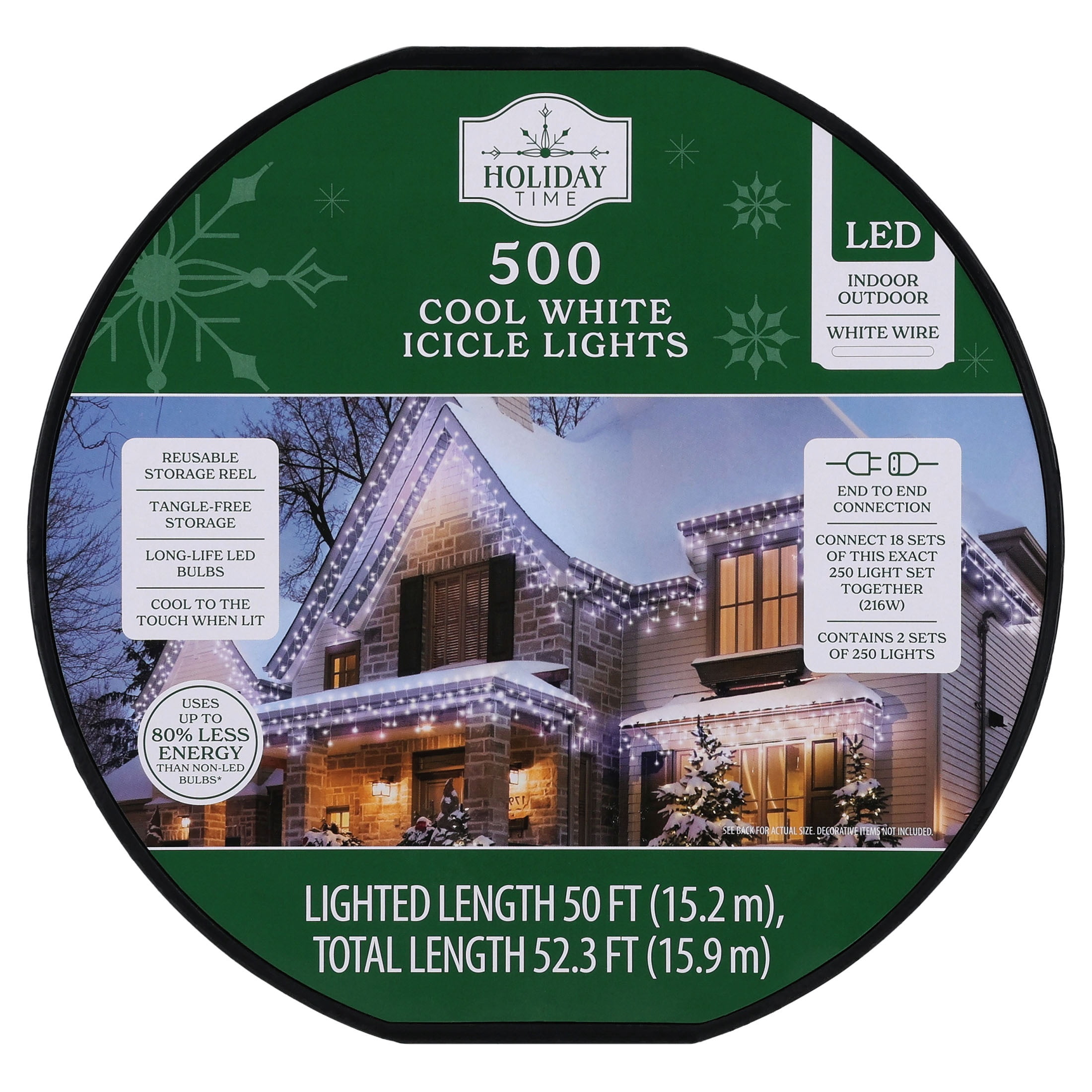 Indoor/Outdoor 500-Count LED Christmas Icicle Lights, Cool White, White Wire, 50', by Holiday Time