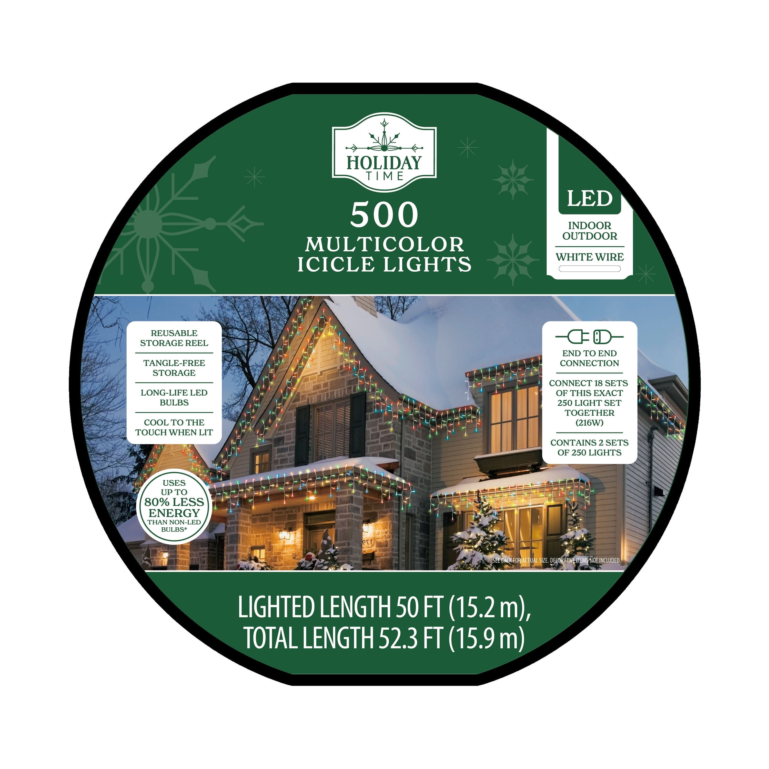 Indoor/Outdoor 500-Count LED Christmas Icicle Lights, Multicolor, White Wire, 50', by Holiday Time