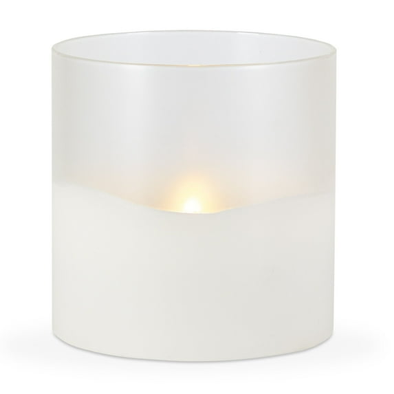 LED 6"D X 6"H Hand-Poured Wax Candle In Frosted Glass. Next Gen LED Flame Patented Technology w/ Adjustable Brightness Control. 2 C Batteries (Not Included). Multi Timer Function, 4, 6 & 8 hour.