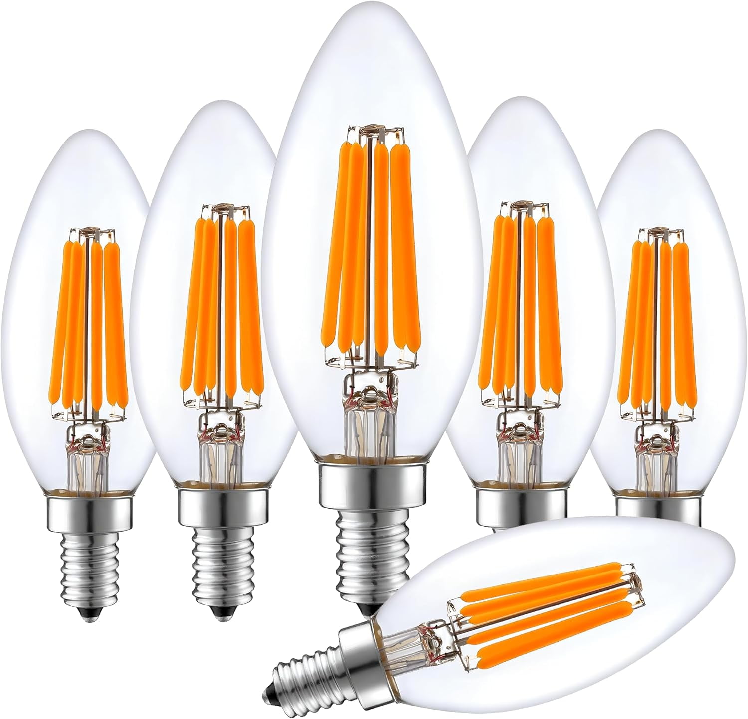 LED 6 Watts (60W Equivalent) 600 Lumens Candelabra Bulb Clear Filament, 2700K, Dimmable, E12 Base, CRI90, CETL Certified (2700k) 6 Pack)