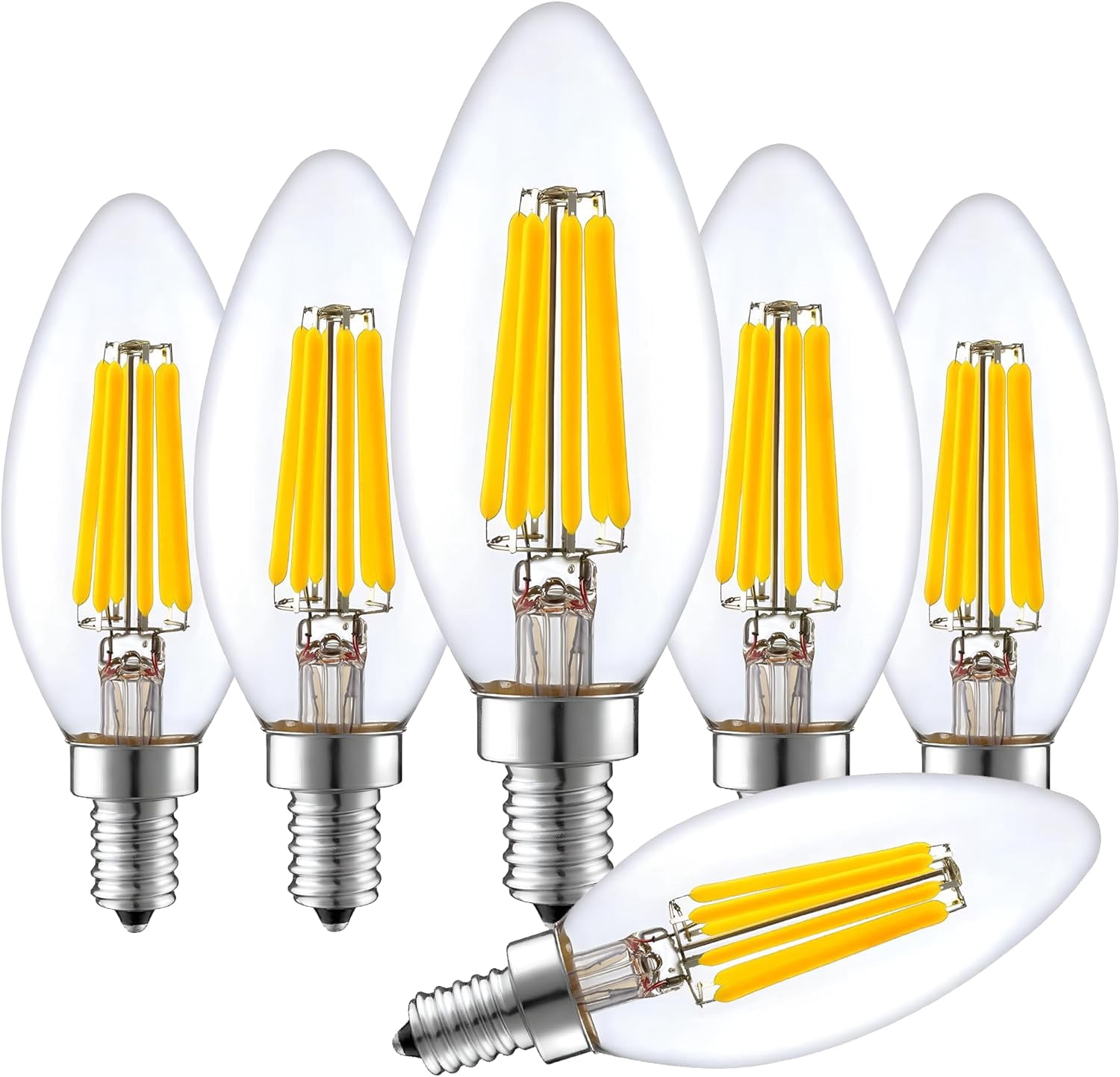 LED 6 Watts (60W Equivalent) 600 Lumens Candelabra Bulb Clear Filament, 2700K, Dimmable, E12 Base, CRI90, CETL Certified (4000k, 6 Pack)