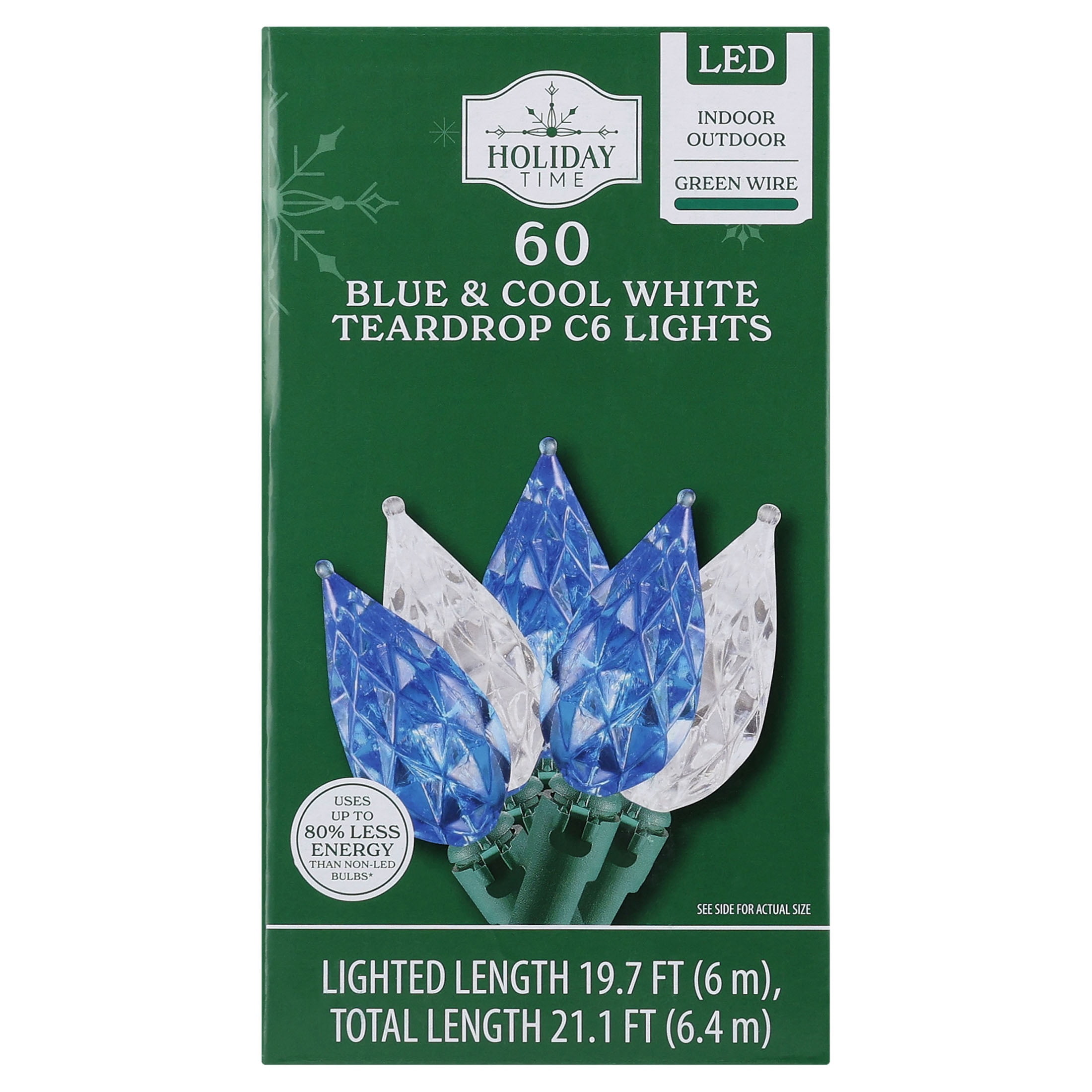 Indoor/Outdoor 60-Count LED Teardrop C6 Christmas String Lights, Blue and Cool White, Green Wire, 19.7', by Holiday Time