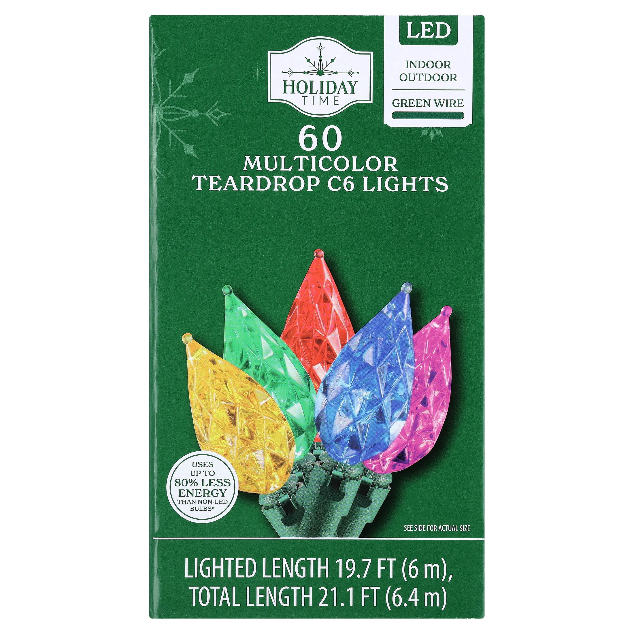 Indoor/Outdoor 60-Count LED Teardrop C6 Christmas String Lights, Multicolor, Green Wire, 19.7', by Holiday Time