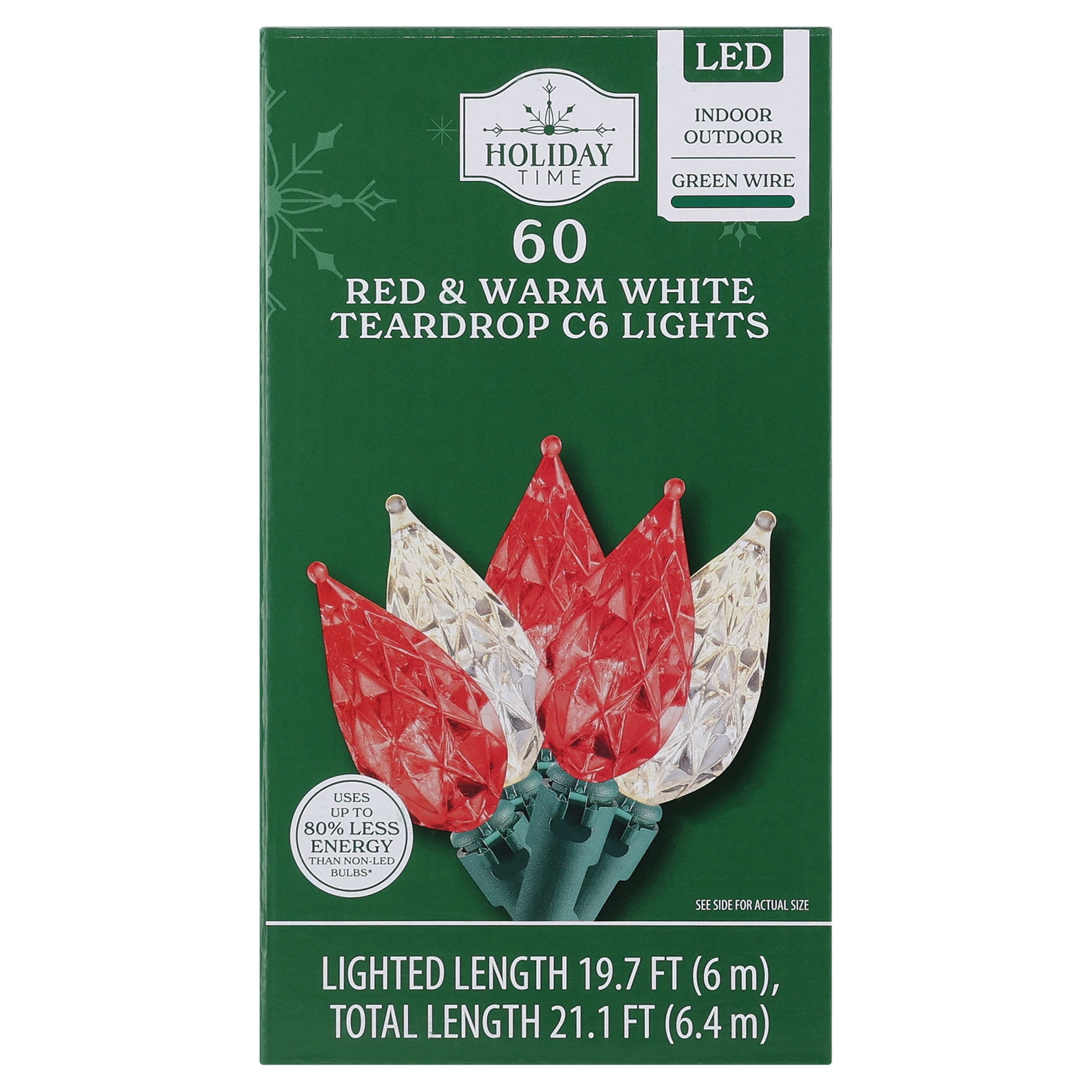 Indoor/Outdoor 60-Count LED Teardrop C6 Christmas String Lights, Red and Warm White, Green Wire, 19.7', by Holiday Time