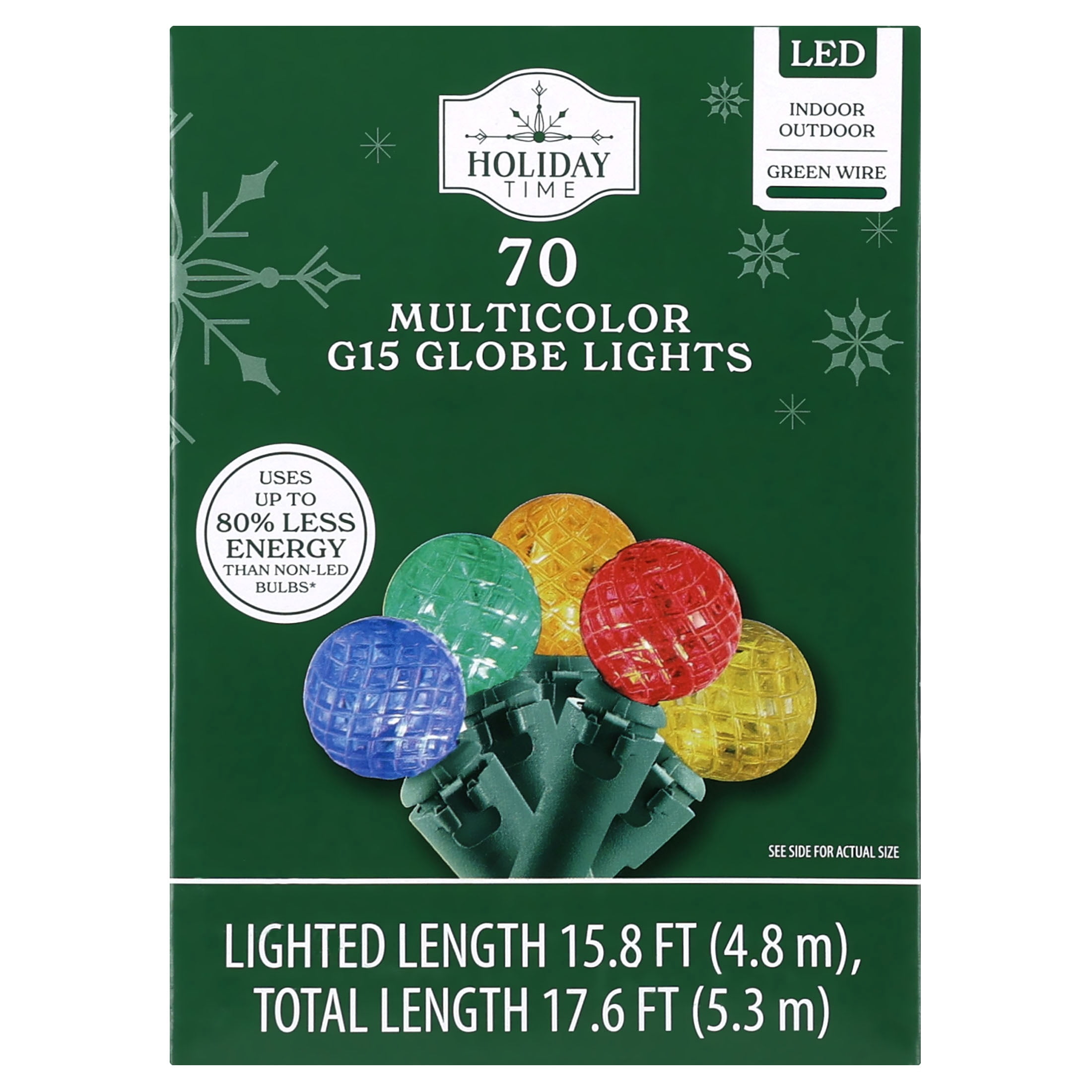 Indoor/Outdoor 70-Count LED G15 Globe Christmas String Lights, Multicolor, Green Wire, 15.8', by Holiday Time