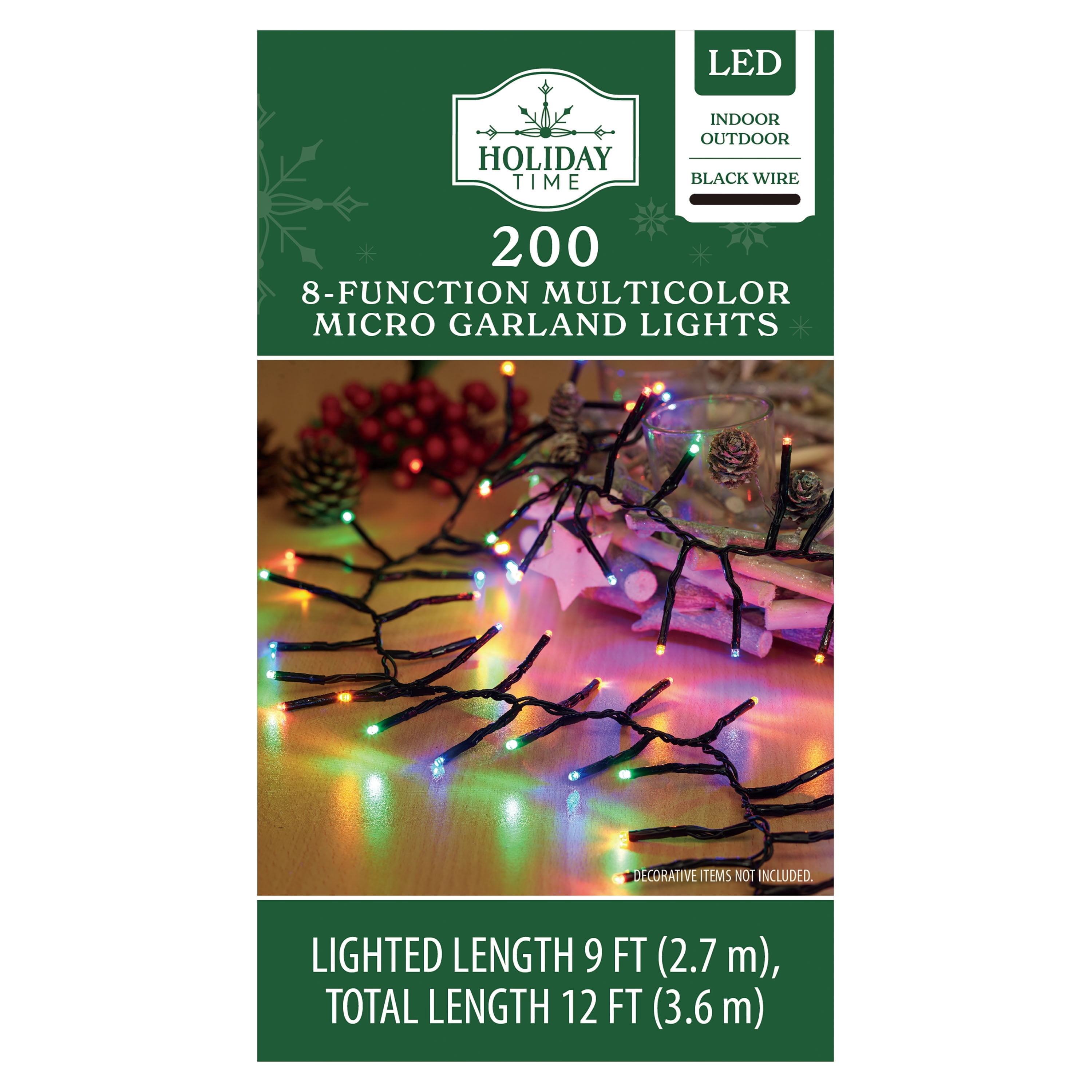 Indoor/Outdoor 200-Count LED 8-Function Micro Christmas Garland Lights, Multicolor, Green Wire, 9', by Holiday Time