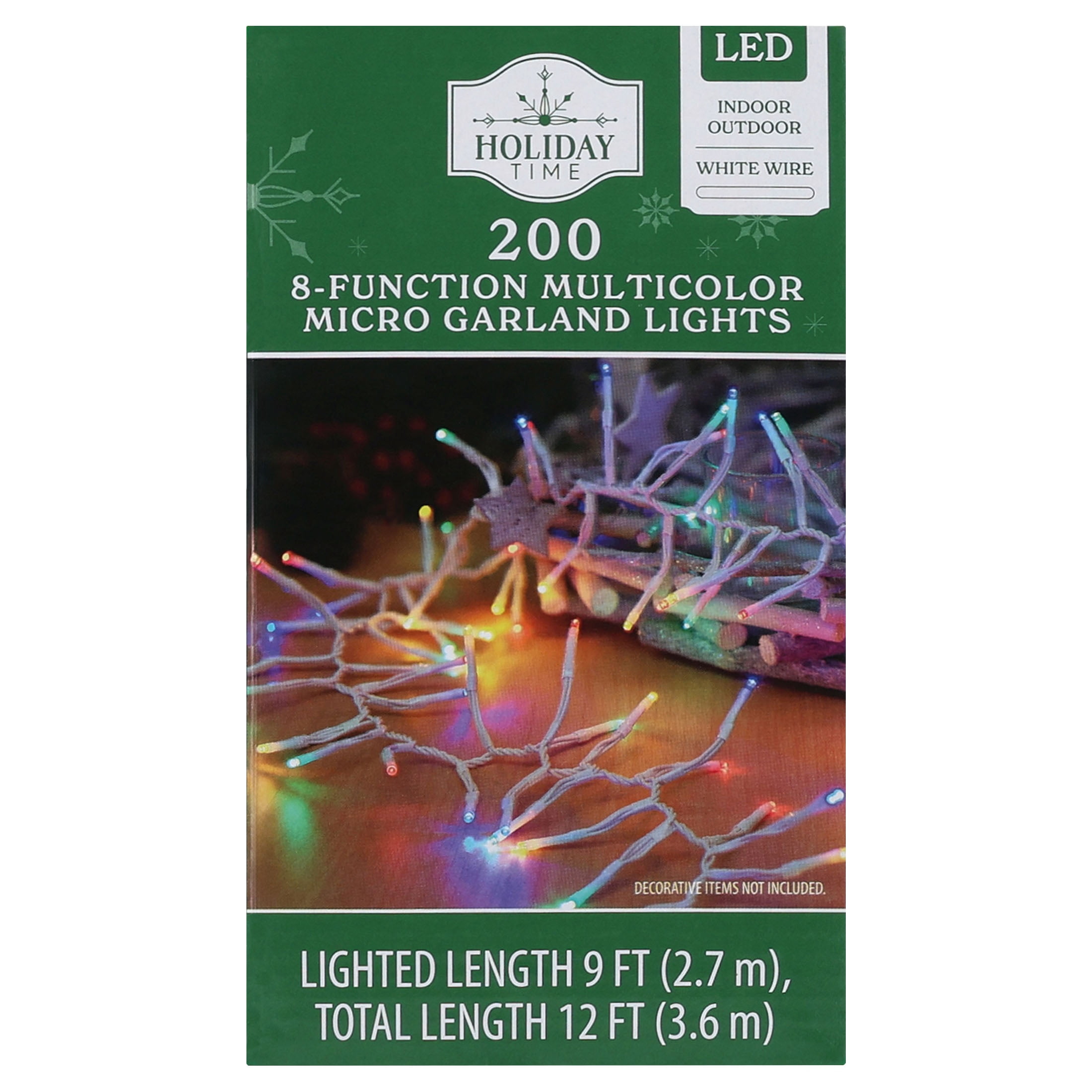 Indoor/Outdoor 200-Count LED 8-Function Micro Christmas Garland Lights, Multicolor, White Wire, 9', by Holiday Time