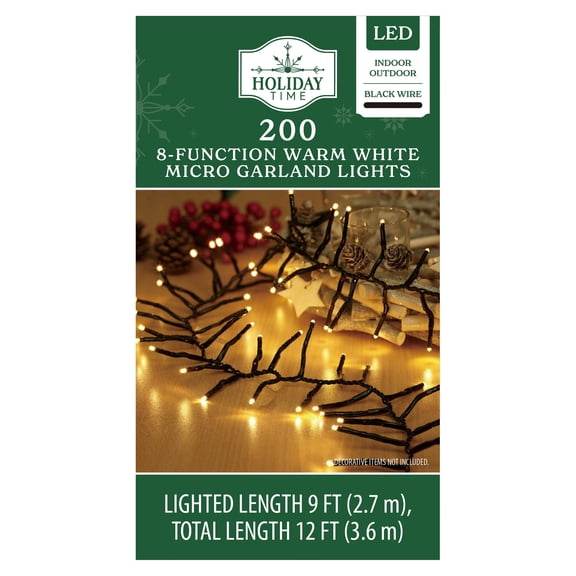 Indoor/Outdoor 200-Count LED 8-Function Micro Christmas Garland Lights, Warm White, Black Wire, 9', by Holiday Time