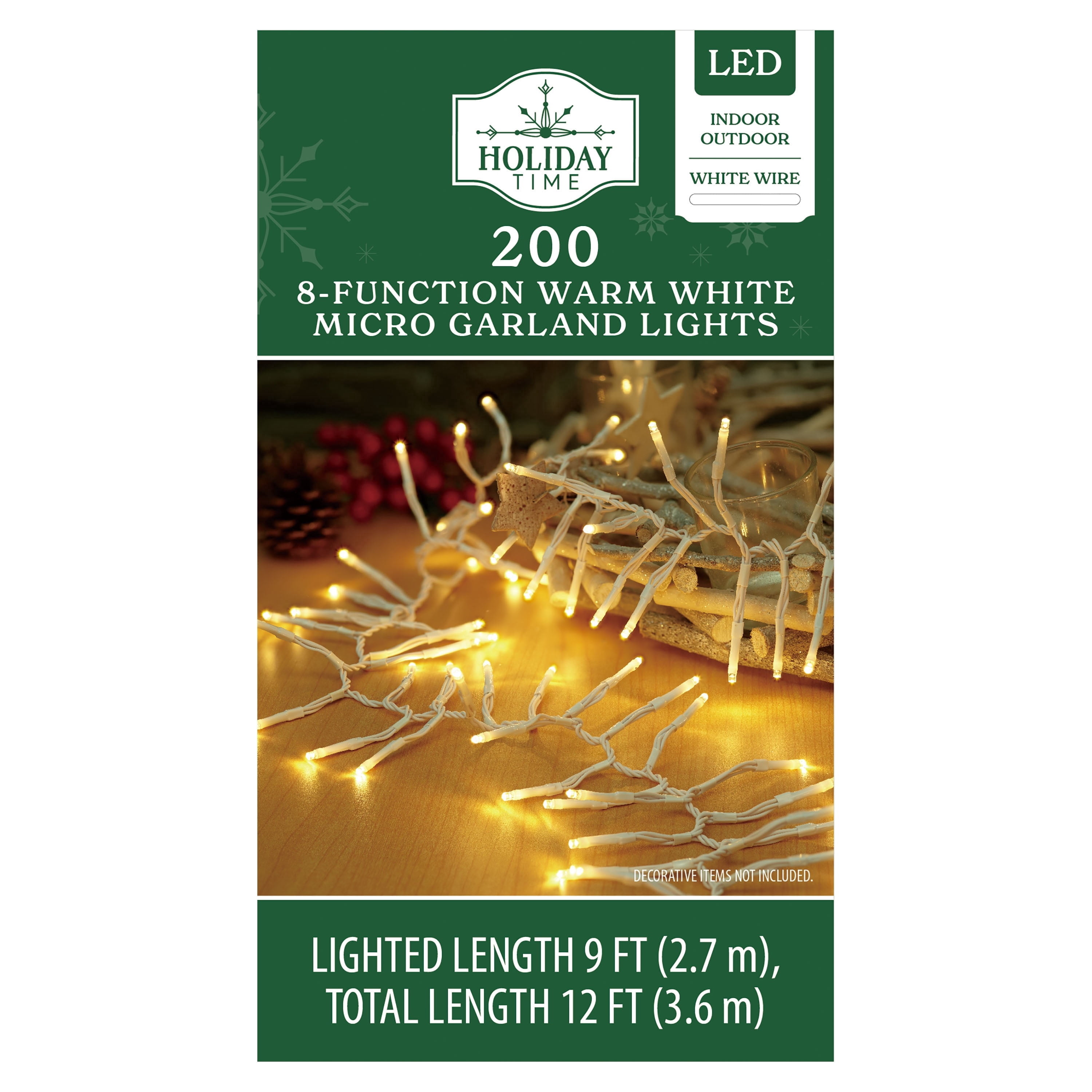 Indoor/Outdoor 200-Count LED 8-Function Micro Christmas Garland Lights, Warm White, White Wire, 9', by Holiday Time