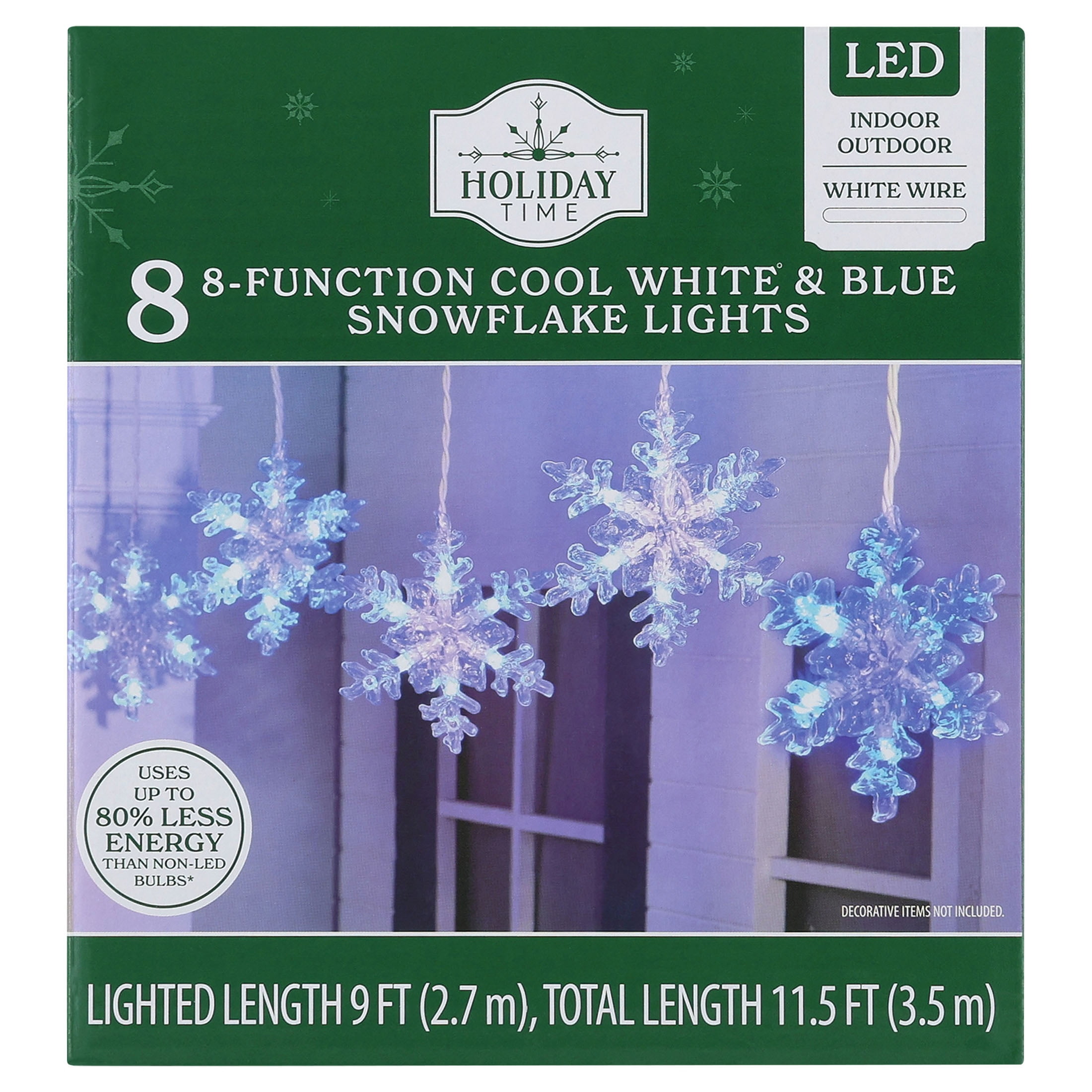 Indoor/Outdoor 8-Count LED 8-Function Snowflake Christmas Icicle Lights, Cool White and Blue, White Wire, 9', by Holiday Time