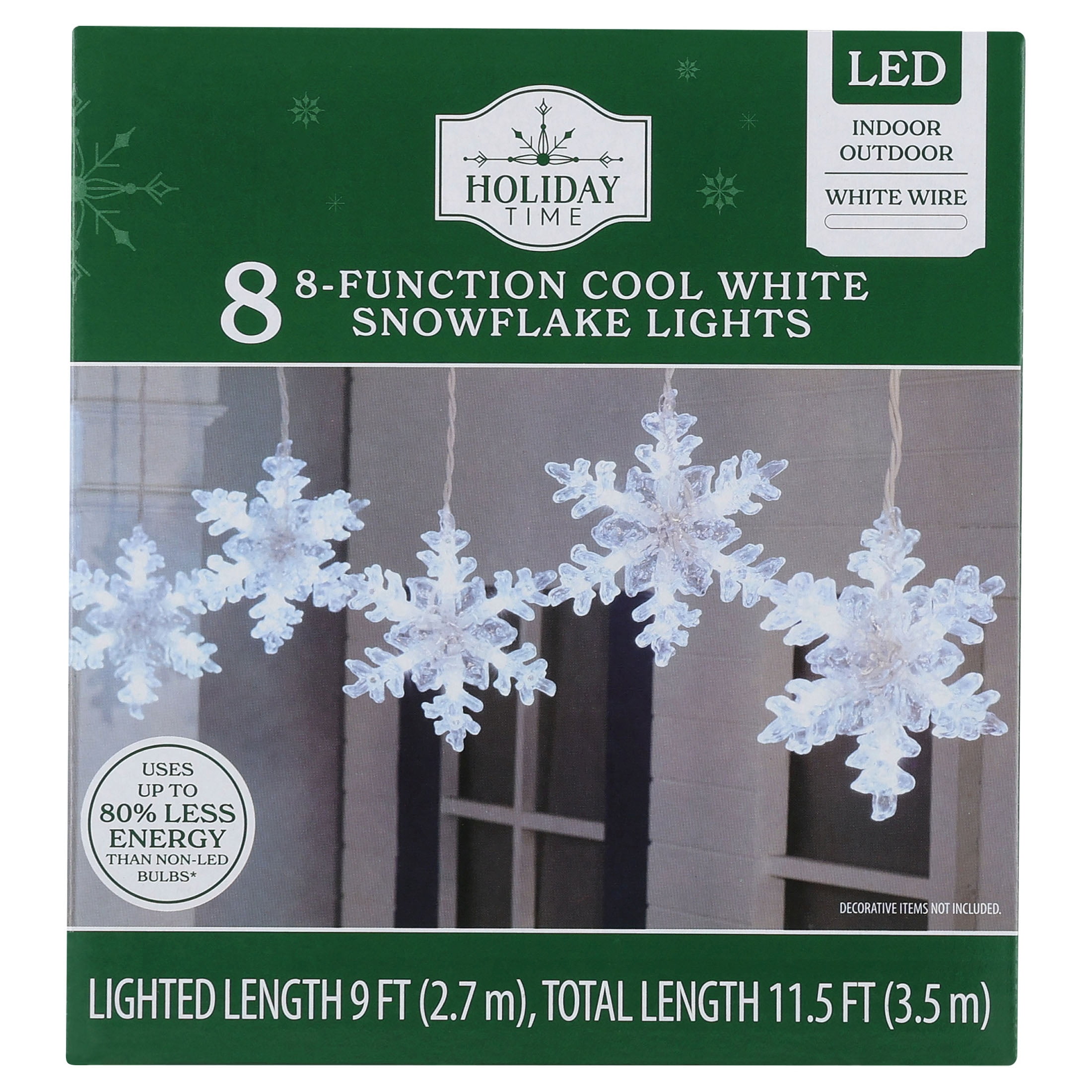 Indoor/Outdoor 8-Count LED 8-Function Snowflake Christmas Icicle Lights, Cool White, White Wire, 9', by Holiday Time
