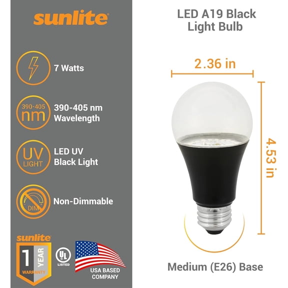 LED A19 Black Light UV Bulb, 7W (60W Equiv.), Medium E26 Base, Non-Dimmable, 390-405nm Wavelength, Ideal for Black Light Room Decor, Halloween Decorations, Indoor UV Decor, UL Listed, 3 Pack