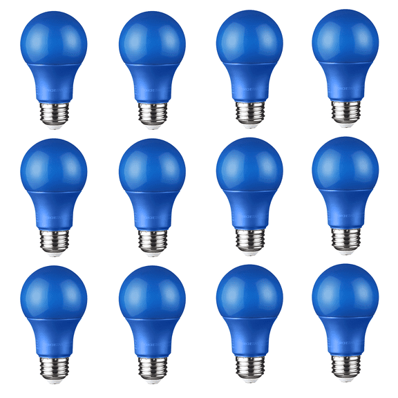 LED A19 Blue Bulbs, 8W (40W Equivalent) Light Bulb, E26/E27 Base, Outdoor Bug Free Lights for Porch, Patio, Backyard, Entry Way, Pack of 12