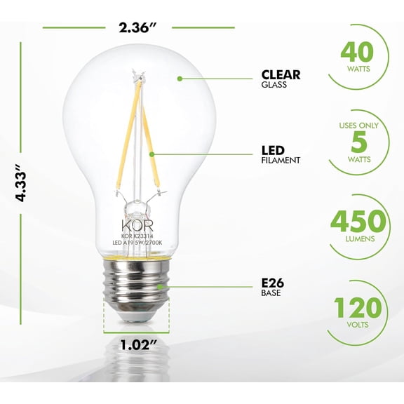 LED A19 Filament Bulbs, 4 Pack, 40 Watt Equivalent, 2700K Warm White, Edison Vintage Dimmable Energy Efficient 5W, E26 Medium Base, 450 Lumens, CRI 90, Clear Glass Light Bulbs for Home, Farmhouse