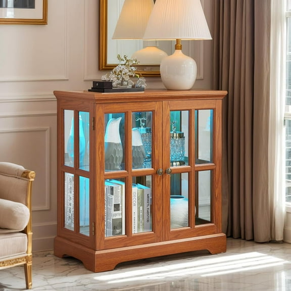 LED Accent Curio Cabinet with 7 Color Lights for Collectibles, 32" H Storage Cabinet with Tempered Glass Doors, Sideboard Buffet Case with Smartphone-Controlled Lights (Dark Oak)