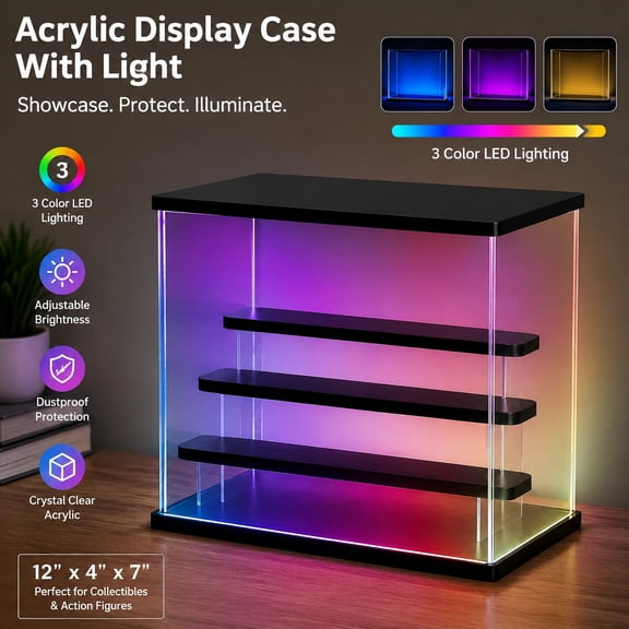 LED Acrylic Display Case, 4 Tier Dustproof Display Box with RGB Lights, 358 Modes, Adjustable Brightness & Speed, Display for Collectible Figures, 12.4x9.6x10.4 in