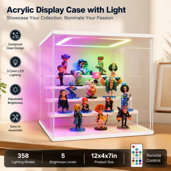 LED Acrylic Display Case, 5 Tier Dustproof Display Box with RGB Lights, 358 Lighting Modes, Adjustable Brightness & Speed, Display for Collectibles Figures, 12.4x12.2x12 in