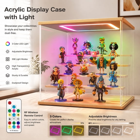 LED Acrylic Display Case, 5 Tier Dustproof Display Box with RGB Lights, 358 Lighting Modes, Adjustable Brightness & Speed, Perfect for Collectible Figures, 12.4x12.2x12 in