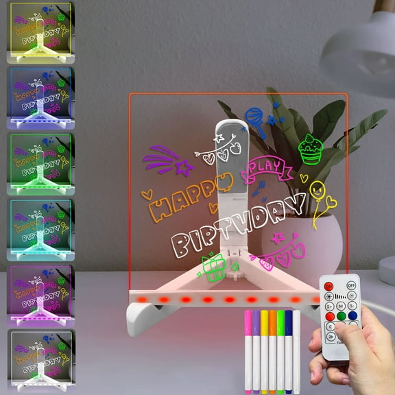 LED Acrylic Dry Erase Board Calendar with Light Up Stand Glow Desk Lamp 7 Color Change 7 Markers Remote Control Dimming Decor for to do list Menu Party Game Room School office (8.2*8.2 inch)