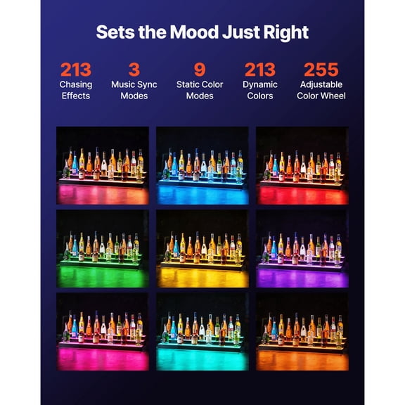 LED Acrylic Illuminated Liquor Bottle Display 3 Tiers 48 Inches Home Bar Shelf with RF Remote App Control DIY Setup Type-C Cables 9 Static Colors Holds 36-48 Bottles