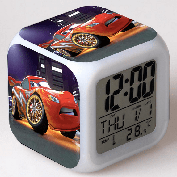 LED Alarm Clock Cars Pattern Creative Desk Table Clock Glowing Electronic Colorful Digital Clock for Unisex Adults Girl Boy Kids Children Toy Birthday Present Gift