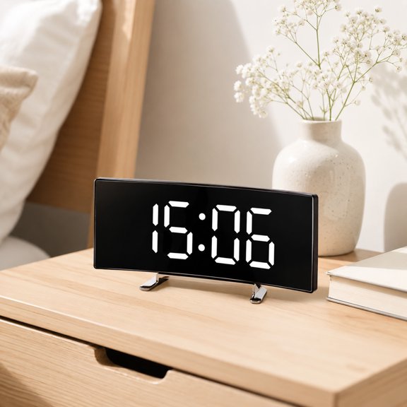LED Alarm Clock With Voice Control, Curved Mirror Display Clock With Snooze Temperature Display And Auto Dimming, For Bedroom Office Desk Travel Nightstand Home Use