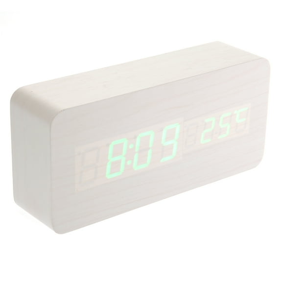LED Alarm Clock with Temperature Wooden Date Display Voice Control Bamboo 13 -12