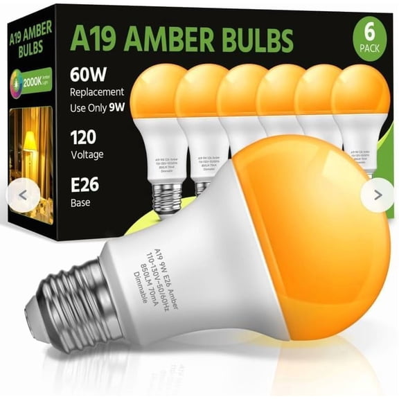 LED Amber Light Bulbs, A19 9W(60W Equivalent) 2000K Amber Yellow LED Bulbs, E26 Base for Bedroom, Porch, Baby Nursery Room, Yard, Patio Lighting, Non-Dimmable, 6 Packs, 120VA1907W9E26