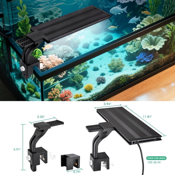 LED Aquarium Light, Full Spectrum Fish Tank Light with 24/7 Auto Cycle, 8 Color Modes, 10 Brightness Levels, Aluminum Alloy, Adjustable Clip-On for 12"-24" Tanks