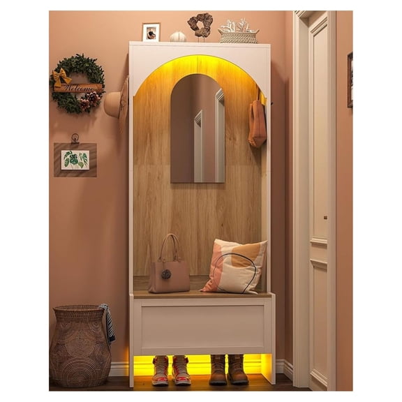 LED Arched Hall Tree with and Storage, Entryway with Coat Rack and Mirror, Mudroom Storage, Entryway Furniture, 4 Coat