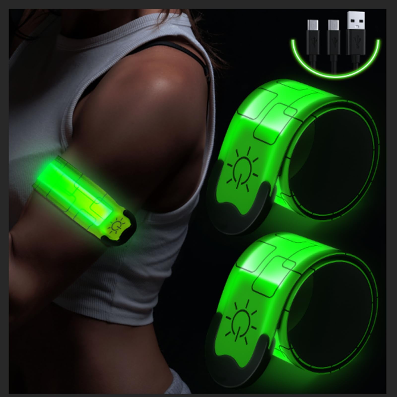 LED Armband Rechargeable for Running Walking at Night (2 Pack), Running Lights for Runners, Running Lights, High Visibility Reflective Running Gear Adjustable Light Up Bands for Men Women Kids