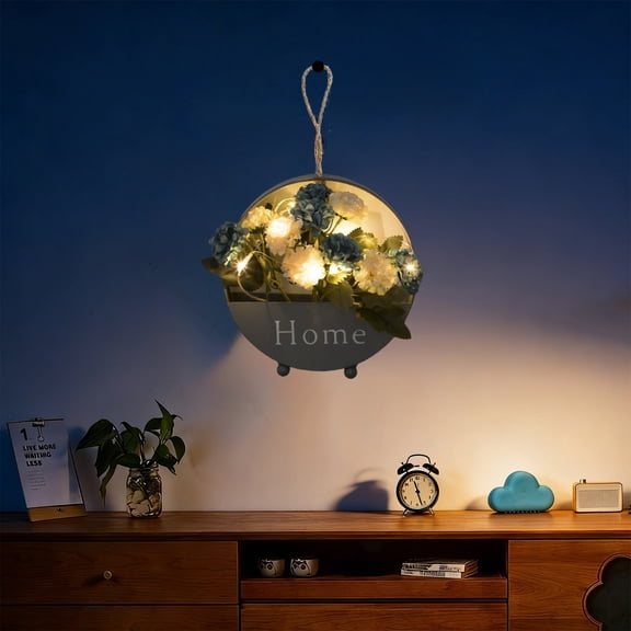 LED Artificial Flower Wall Decor, Metal Hanging Planter with Home Sign, Wall Art with String Lights, Decorative Wall Hanging for Living Room Bedroom Kitchen