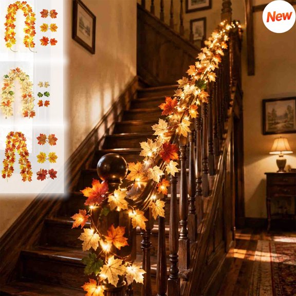 LED Artificial Maple Leaf Fall Garland, Flexible Hanging Vine, Double-Sided Faux Autumn Rattan with Warm String Lights for Thanksgiving Halloween Indoor Outdoor Fall Home Party Decor