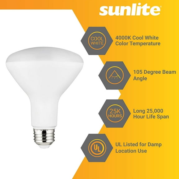Sunlite LED BR30 Light Bulb, 10.5 Watt (65w Equiv), 800 LMNS, Medium E26 Base, Dimmable, UL Listed, 4000K Cool White, 6 Count
