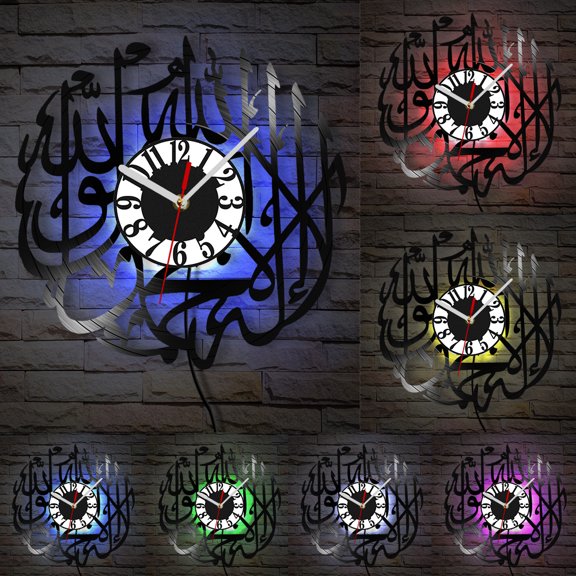 LED Backlit Islamic Arabic Calligraphy Vinyl Record Wall Clock Luminous Night Light Timepieces For Islamic Mosque Room Eid Ramadan Believers