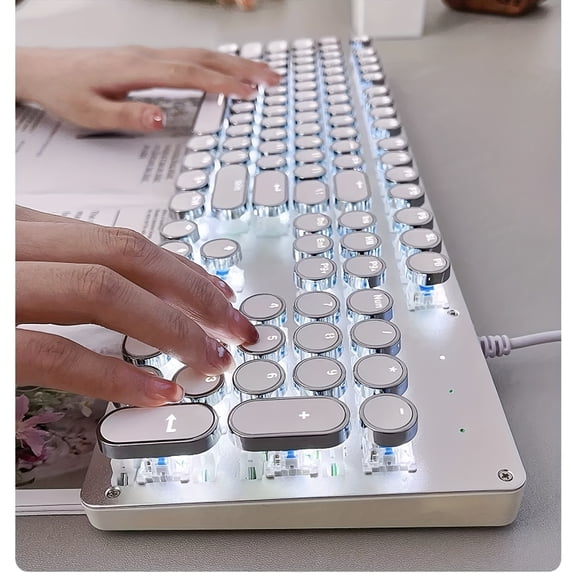 LED Backlit Mechanical Keyboard and Mouse Combo with Wired Volume Wheel, - & Retro Punk Clicky Keys - Compatible for PC Gaming/Office, for women/Girlfriends (Crisp Sound, Setup)