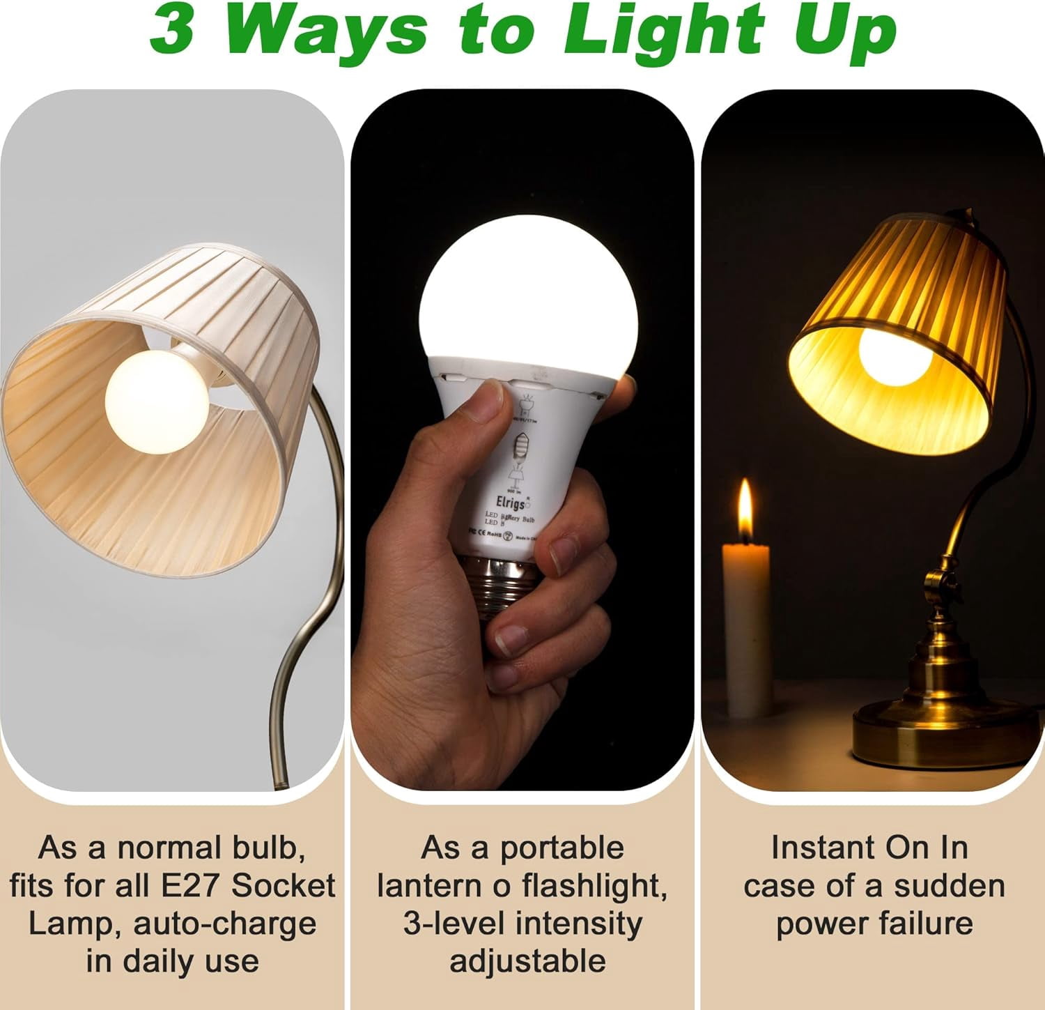 Flashight Light LED Backup Battery Operated Bulb, Rechargeable Emergency E26 Bulb for ...